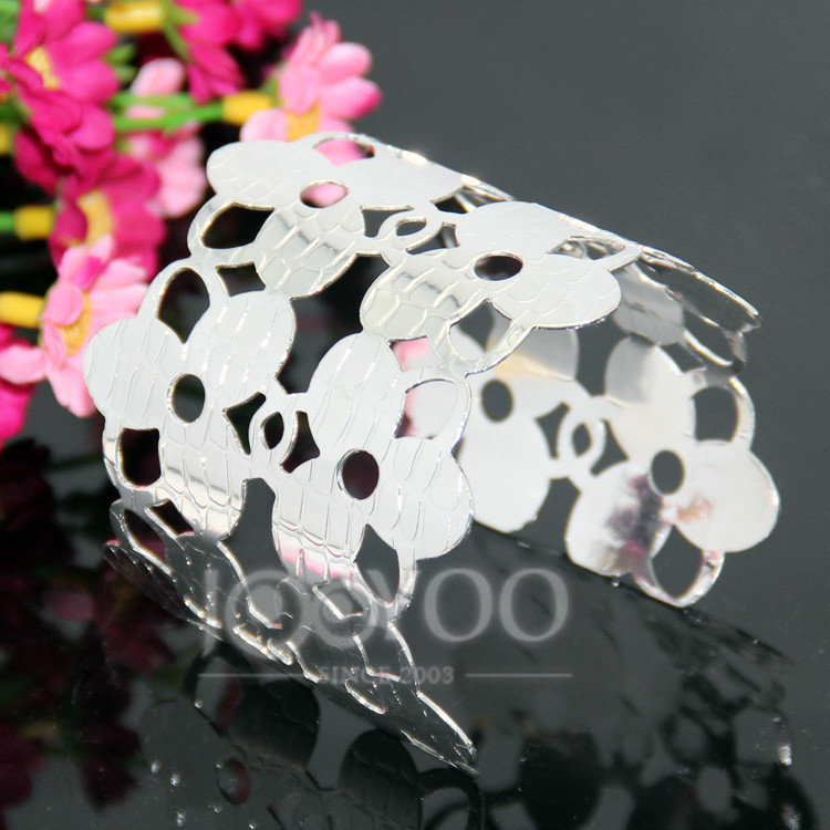 2016 Flower Pattern Hollow Design Jewelry Fashion Gold & Silver Wide Alloy Opened Cuff Bangles Bracelets For Women 8404