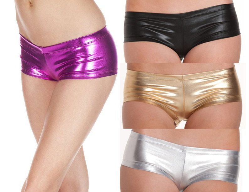 2015 Fashion Hot Sexy underwear Faux leather Metallic Micro Booty Hipster Shorts Pantie Lingerie Panty Boyshort for women