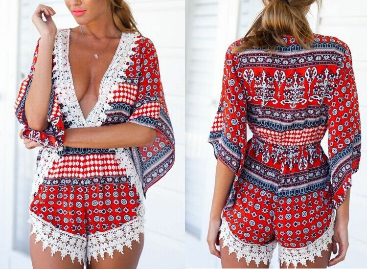 2015 Fashion Womens Sexy Summer Jumpsuits Vestidos Chiffon Lace Patchwork Print V neck Sleeve Loose Beach Short Rompers