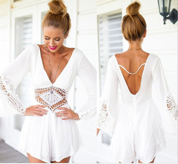 2015 Fashion Womens Sexy Summer Jumpsuits Vestidos White Chiffon Lace Patchwork Backless V neck Sleeve Loose Beach Short Rompers