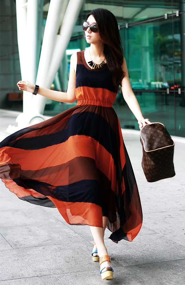 2015 Summer Women\'s Color Block Chiffon Long Pleated Stripe Sleeveless Dresses E0783#M4
